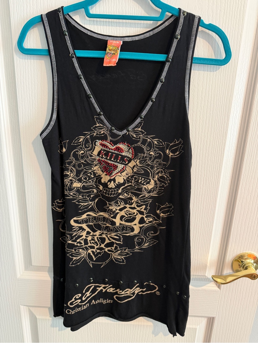 Ed Hardy Black Tank Top with Gold Skull & Red Heart Studs